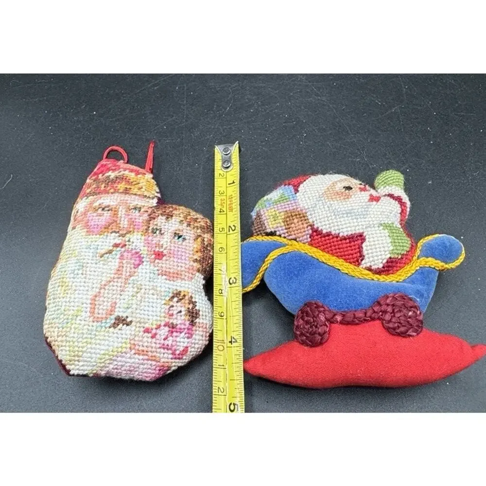 Two Handmade Needlepoint Pettipoint Christmas Santa Vintage Tree Ornaments -S1J